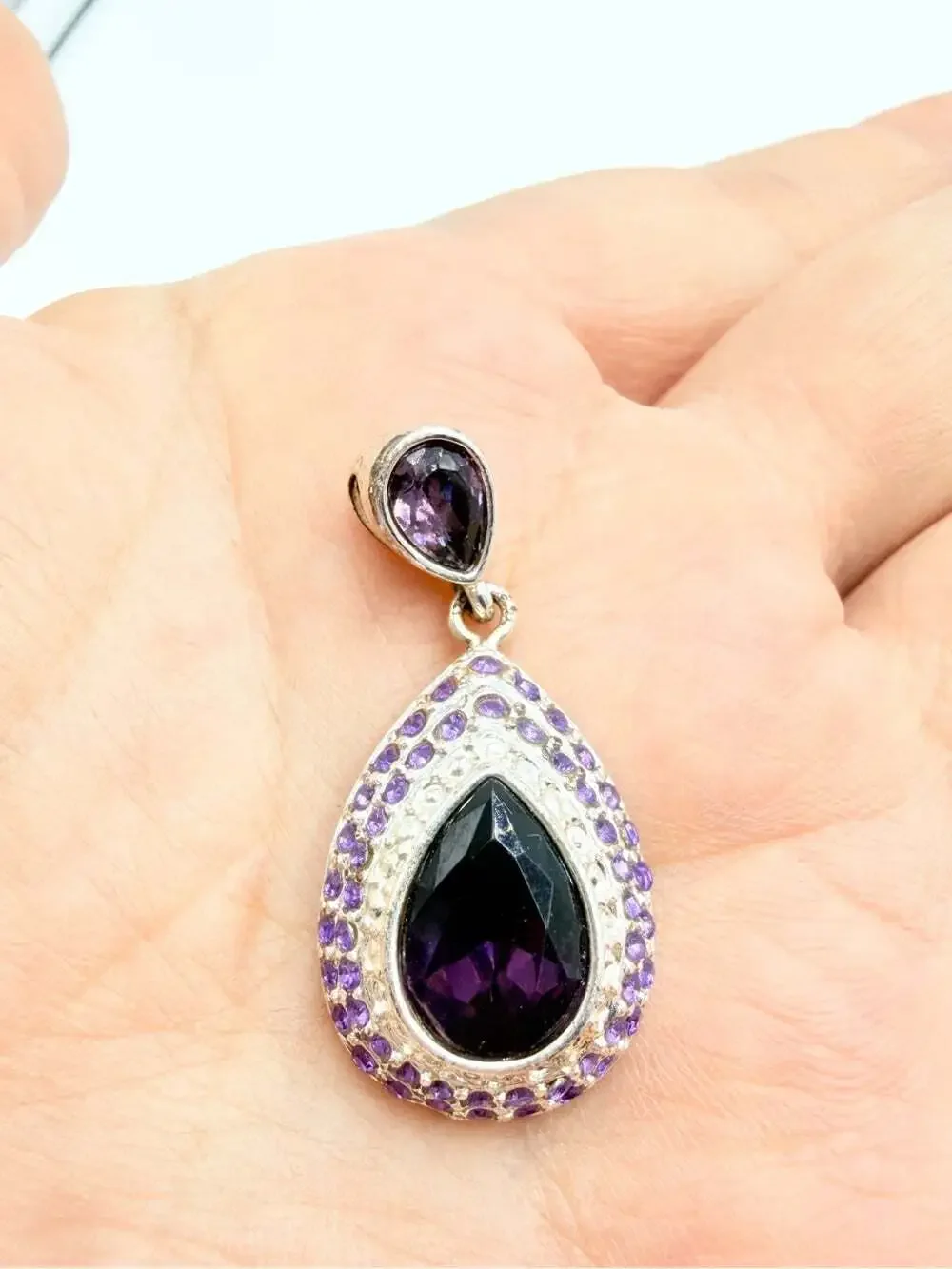 NRT Purple Teardrop Crystal Pendant Silver Tone Signed